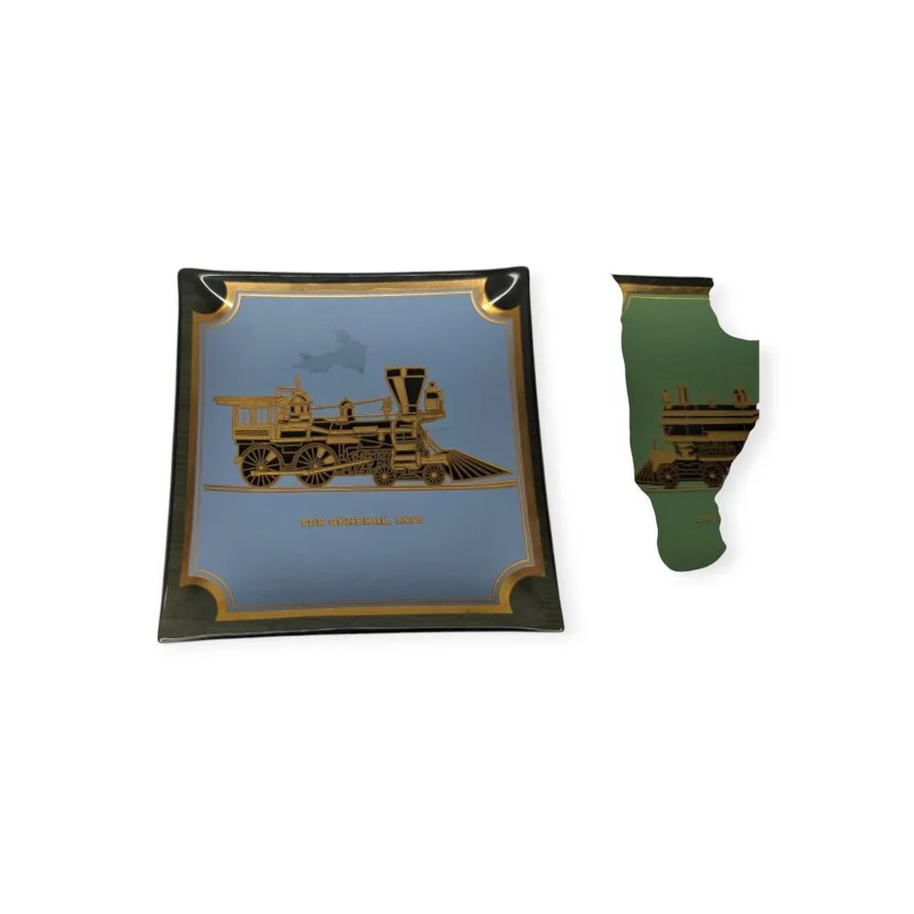 Vintage Houze Art Curved Glass Trays w/ Locomotives Train Railroad 3.5